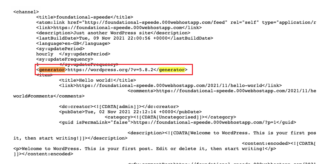 Ctrl+F on windows. And the searh for the word generator you can see the following highlited meta tag