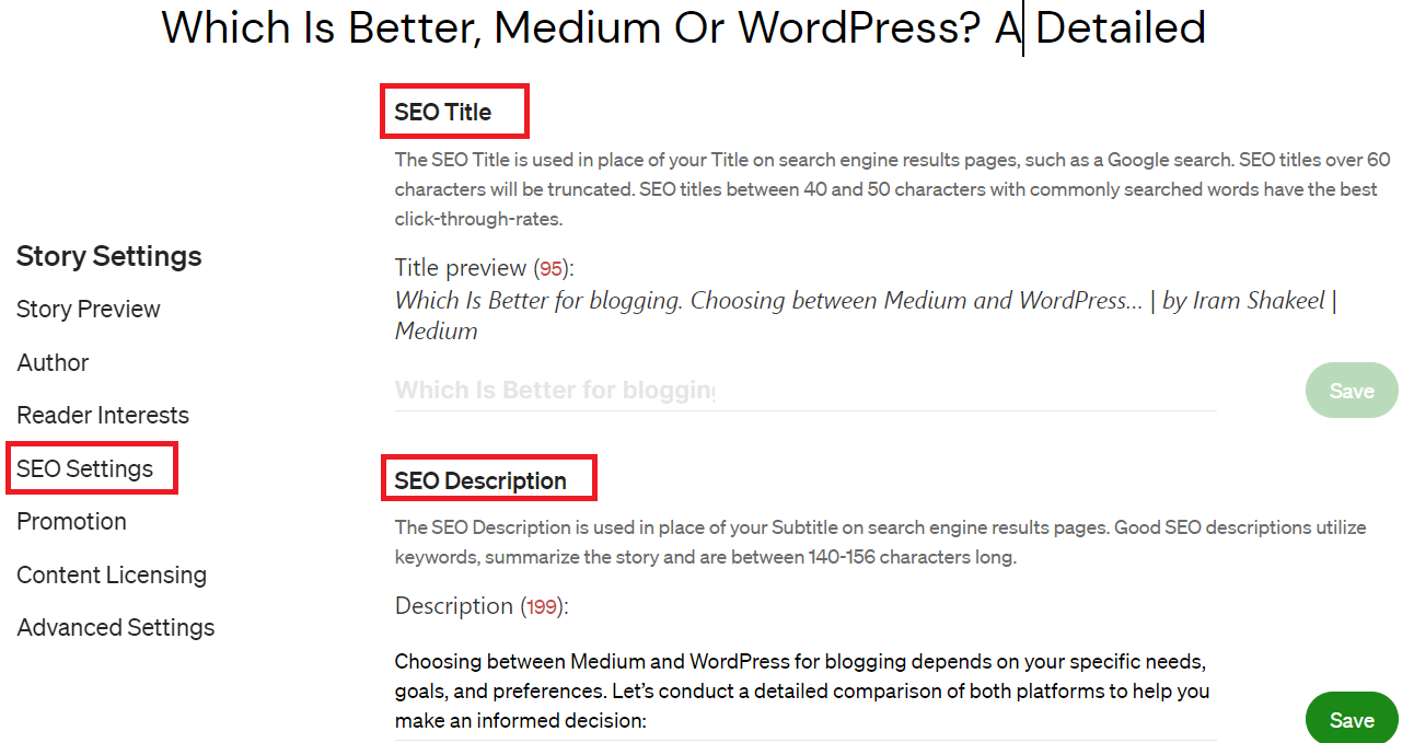 SEO setting in Medium