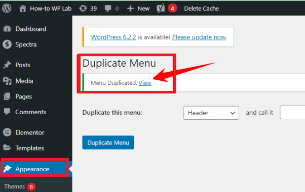 Click the Duplicate Menu button to initiate the duplication process.