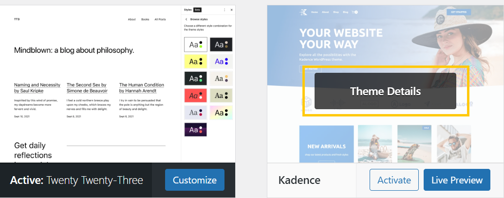 Hover over the theme, and click Theme Details