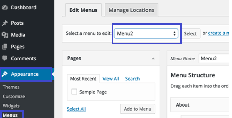 Visit Appearance Menus in the WordPress dashboard. Select your duplicated menu from the drop-down menu options.