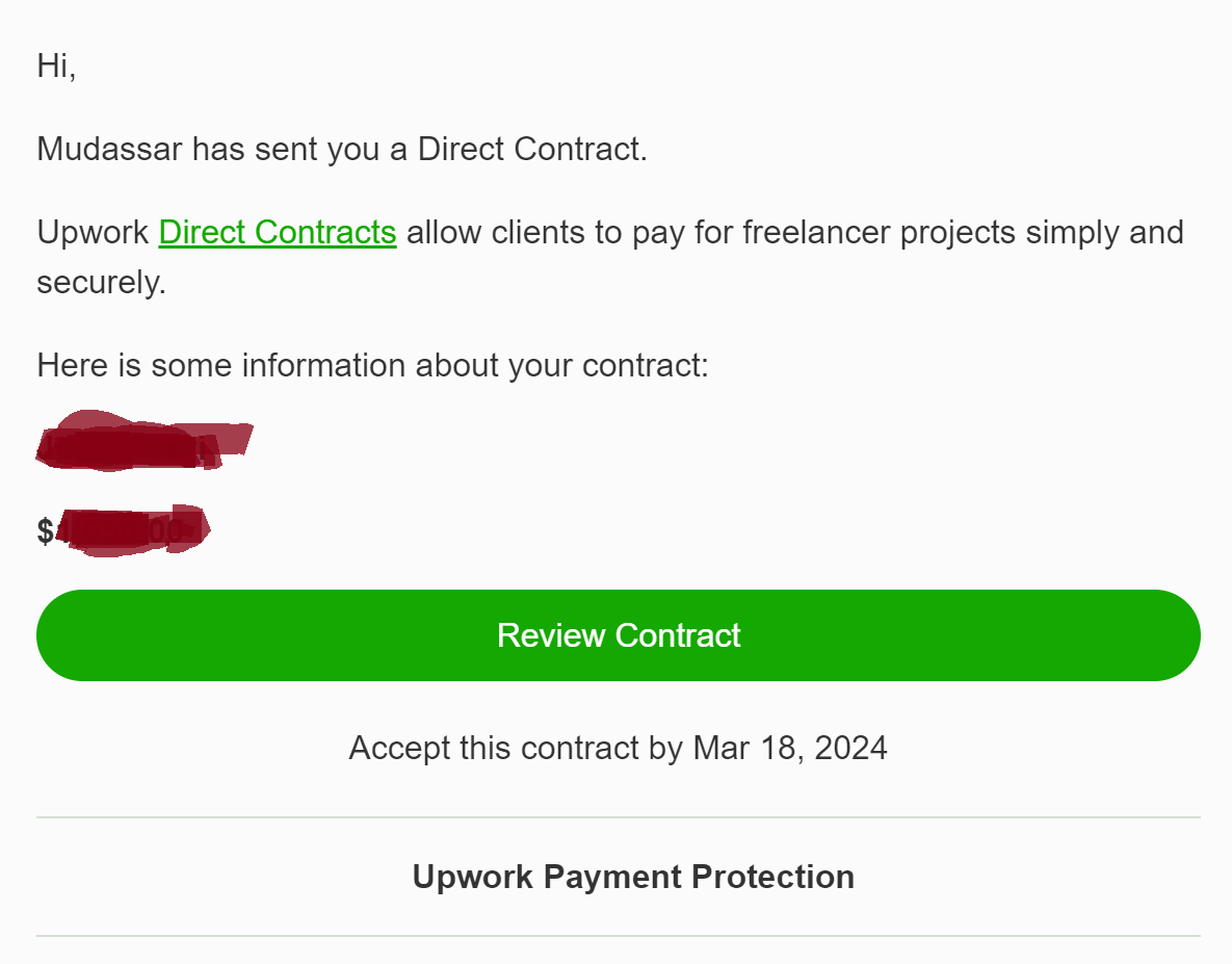 Upwork Direct Contract Email Preview
