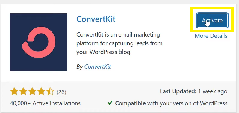 How to Set Up the ConvertKit Plugin on Your WordPress Website 3 click on activate