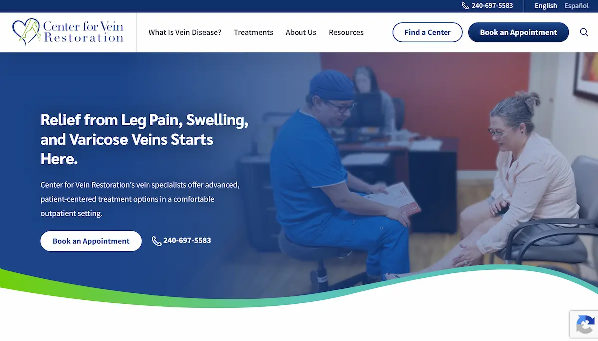 Center for Vein Restoration website homepage screenshot 2026