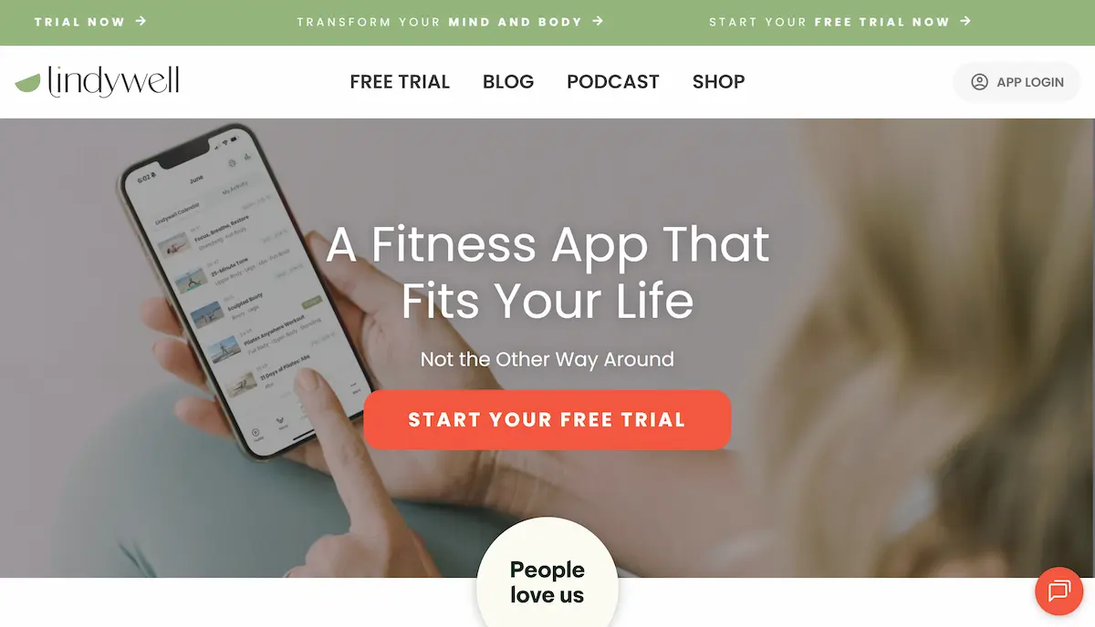 Lindywell fitness app website homepage screenshot 2026